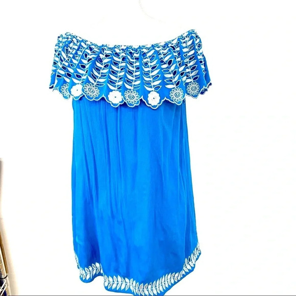 Rahi Cali  Off Shoulder Mini Dress Small  Blue Beach Cover Up Embroidery Scallop - Picture 1 of 9